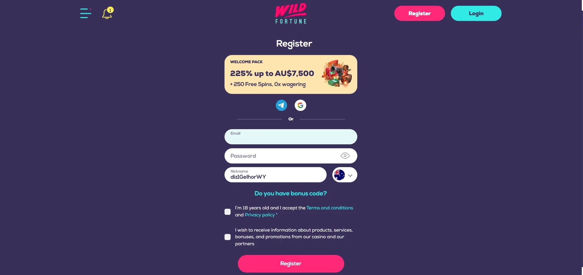 Wild Fortune Casino sign up